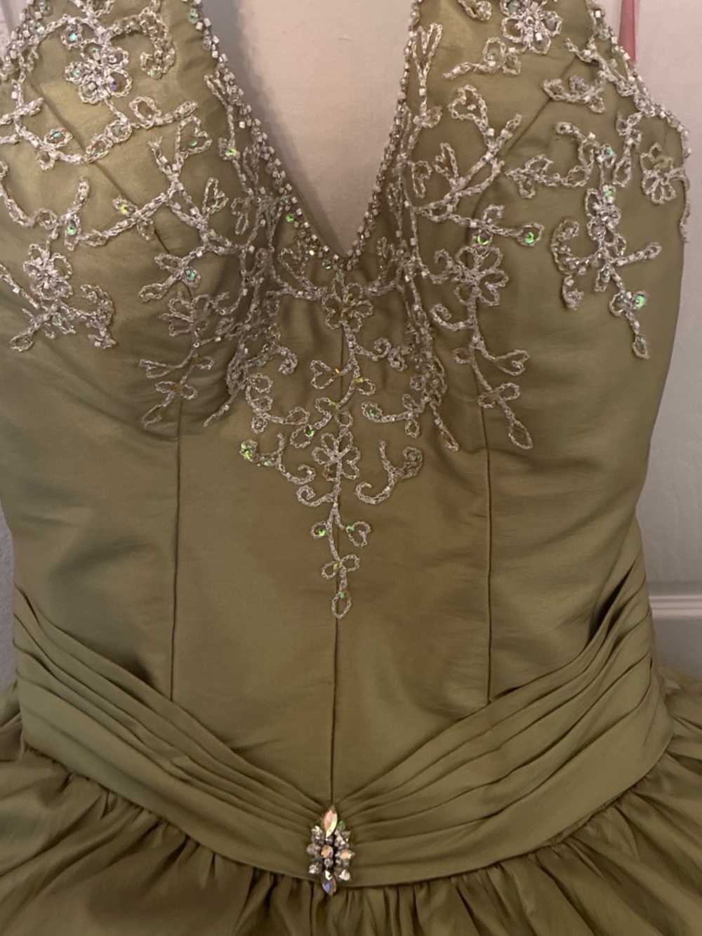 Prince Olive Green Beaded V-Neck Prom Dress